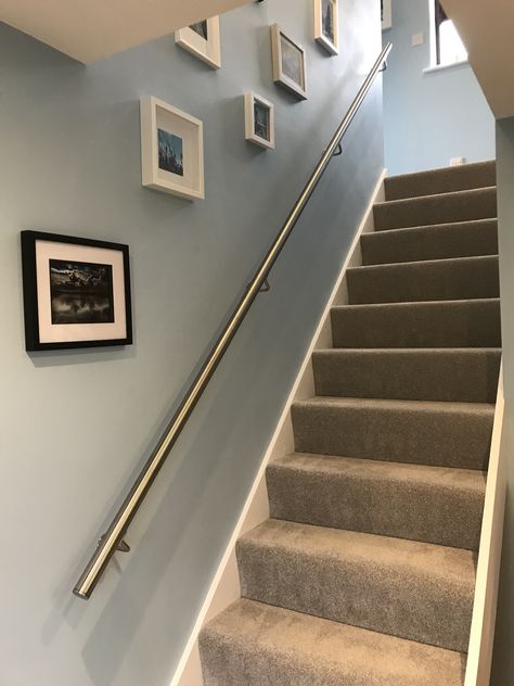 Sky blue white and grey stairs and hallway photos Grey And Blue Hallway Ideas, Light Blue Staircase Wall, Blue Hallway Ideas Stairways, Hallway Decorating Blue, Light Blue Hallway Ideas, Light Blue Staircase, Blue Grey Hallway, French Blue Hallway, Pale Blue Hallway