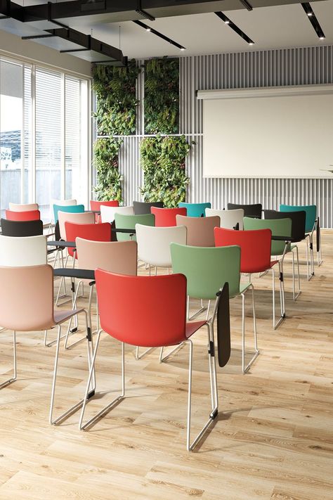 poppea multifunctional chairs in pink, red, green, black, white and turquoise - classroom with modern design Black Office Furniture, Classroom Pictures, Training Room, Train Room, Red Blush, School Chairs, Multipurpose Room, Meeting Rooms, Stackable Chairs