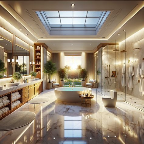 Welcome to an elegant, open-plan master bathroom, featuring creamy white marble interiors, a double-skin vanity, rain shower, and an impressive bathtub under a skylight. Enjoy panoramic garden views from the floor-to-ceiling window. #LuxuryBathroom #MarbleBathroom #RainShower #FreestandingBathtub #GardenViews #BathroomDesign Fancy Bathroom Luxury Master Bath, Fancy Bathroom Luxury, Luxury Bathroom Ideas Master Suite, Bathroom With Skylight, Bathrooms Luxury Modern, Big Bathroom Design, Dream Bathroom Luxury, Master Bathrooms Luxury, Patio Balcony Ideas