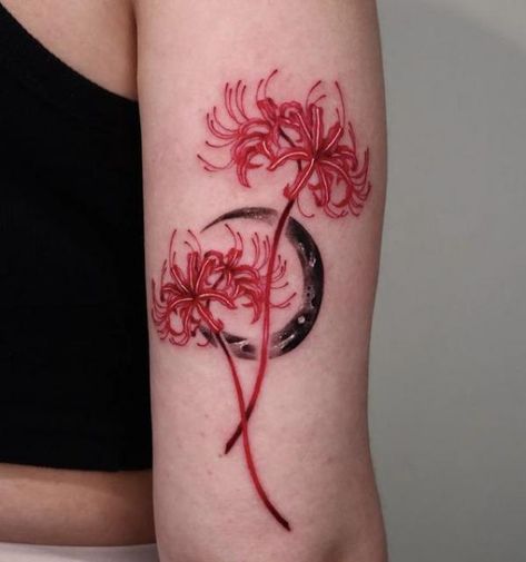 Unveiling the Beauty and Symbolism of Spider Lily Tattoos | Art and Design Lily Drawing Tattoo, Spider Lily Drawing, Tattoo Red And Black, Art Akrilik, Star Tattoo On Shoulder, Spider Lily Tattoo, Lily Drawing, Lily Tattoos, Lillies Tattoo