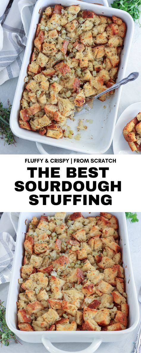 Easy and delicious from scratch Sourdough Stuffing recipe is THE perfect Thanksgiving side dish. Buttery, fluffy and soft with perfectly crispy edges,. Sourdough Stuffing Recipes Thanksgiving, Sourdough Dressing Thanksgiving, Organic Stuffing Recipe, Sourdough Stuffing Thanksgiving, Sourdough Stuffing Recipes, Oyster Stuffing Recipes, Sourdough Bread Stuffing, Stuffing From Scratch, Sourdough Stuffing Recipe