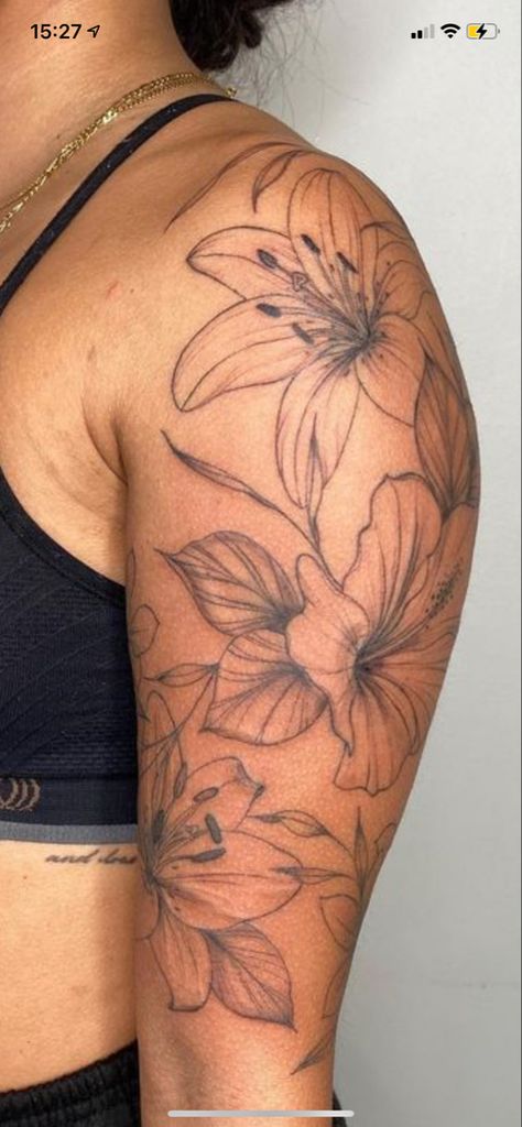 Quarter Sleeve Flower Tattoos For Women, Hawaiian Flower Tattoos On Shoulder, Lilly Arm Tattoos For Women, Plant Tattoos Black Women, Flower Tattoos On Black Women, Lillies Flower Tattoo, Lilly Sleeve Tattoos For Women, Sleeve Shoulder Tattoos For Women, Lilly Tattoo Arm