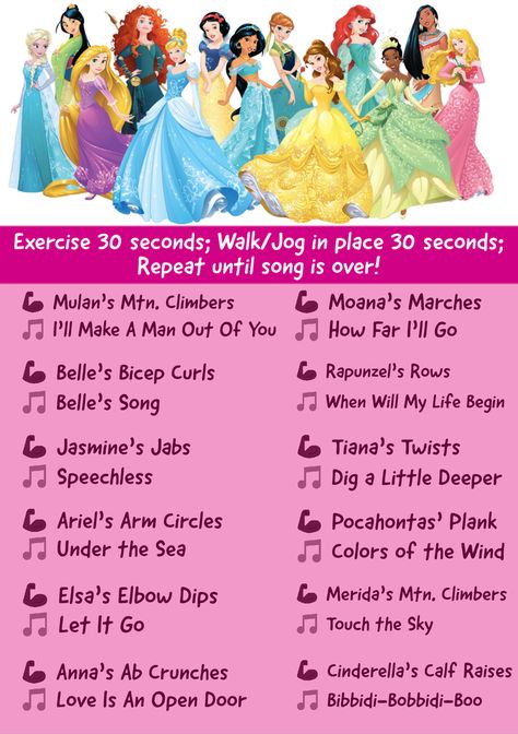 #Workout #Exercise #Disney #DisneyPrincesses Disney Workout Playlist, Disney Princess Workout, Disney Workout Challenge, Song Workout Challenge, Disney Movie Workouts, Barbie Workout, Anime Workouts, Disney Workout, Tv Workout