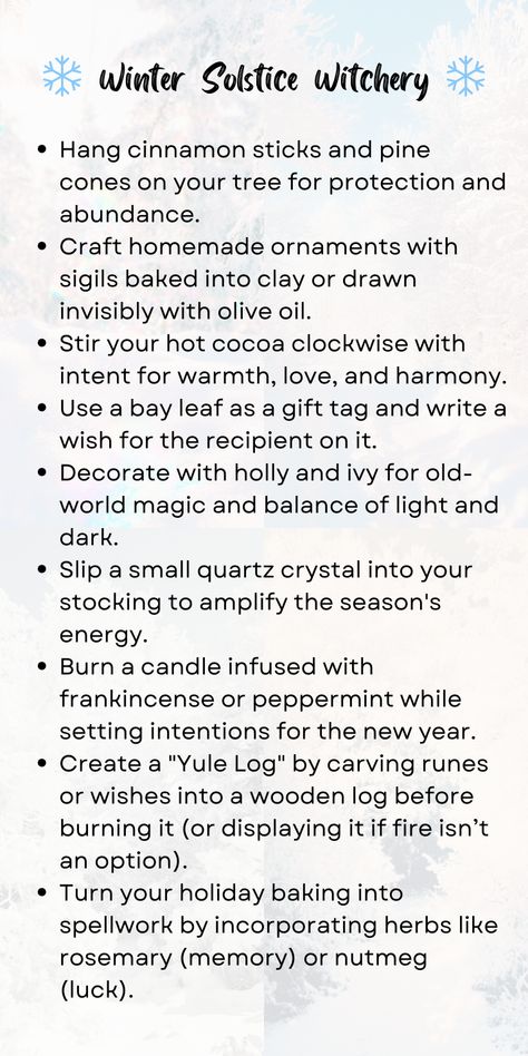 Embrace the Yule Aesthetic with Witchcraft DIY projects and solstice traditions. Hang enchanted ornaments, amplify magic with quartz crystals, and burn intention candles for Winter Solstice blessings. Incorporate intuitive witch tips for seasonal joy and abundance. Explore these Yule traditions to deepen your magical practice and align with the energy of the Winter Equinox! Winter Solstice Journal, Yule Affirmation, Winter Solstice Witchcraft, Mothers Night Yule, Yule Decorations Winter Solstice Diy, 12 Days Of Yule Pagan, Yule Candle Diy, Yule Recipes Winter Solstice, New Years Spells