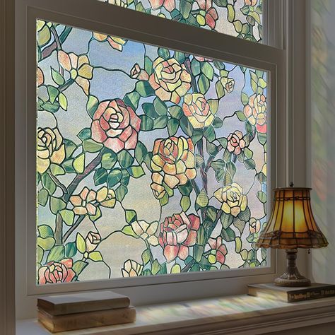 PRICES MAY VARY. 【Exquisite Design with The Beast's Rose】Transform your space with The Beast's Rose stained glass window film. This decorative window film features a stunning rose design inspired by timeless fairy tales, adding a touch of magic and elegance to any room. The intricate pattern mimics real stained glass, making it a captivating addition to your home or office décor. 【Easy and Adhesive-Free Installation】Our easy-to-apply stained glass film sticks without glue: measure, cut, wet, and Glass Window Decals, Window Privacy Film, Stain Glass Window Art, Window Stained, Stained Glass Window Film, Decorative Window Film, Glass Window Art, Church Windows, Stained Glass Decor