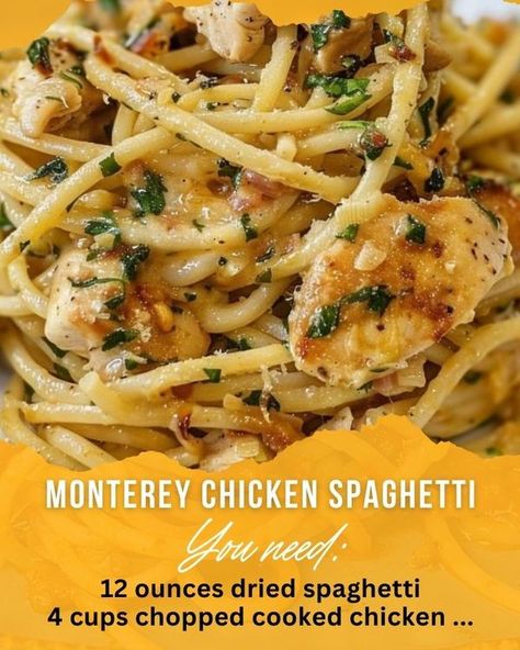 Chicken Spaghetti Bake, Monterey Chicken Spaghetti, Spaghetti Bake, Monterey Chicken, Spaghetti Ingredients, Chicken Spaghetti Casserole, Cheesy Chicken Spaghetti, Spaghetti Casserole, French Fried Onions