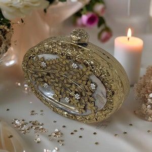 Mother of Pearl Gold Bridal Clutch Wristlet Evening Clutch Gift for Her Wedding Day Clutch - Etsy Pearl Clutch, Bridal Clutch, Pakistani Bridal, Suede Fabric, Metal Work, Timeless Accessories, Evening Clutch, Crystal Embellishment, Clutch Handbag