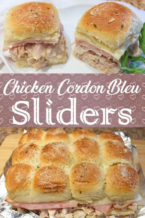 Chicken Cordon Bleu Recipes, Chicken Cordon Bleu Sliders, Cordon Bleu Sliders, Shredded Chicken Sliders, Chicken Swiss Cheese, Hawaiian Roll Recipes, Creamy Honey Mustard, Savory Rolls, Sliders Recipes Hawaiian Rolls