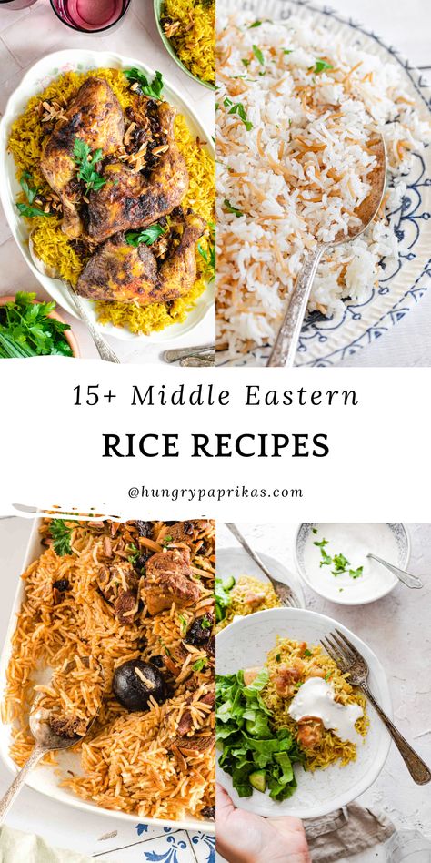 Four photos of middle eastern rice recipes: Chicken mandi in a platter, Arabic rice in a blue patterned plate, Lamb kabsa in a rectangular dish and chicken shawarma rice being held in a plate with a fork Middle Eastern Rice Recipes, Middle Eastern Rice, Middle Eastern Chicken, Basmati Rice Recipes, Middle Eastern Cuisine, Middle East Food, Middle East Recipes, Easy Rice, Lebanese Cuisine