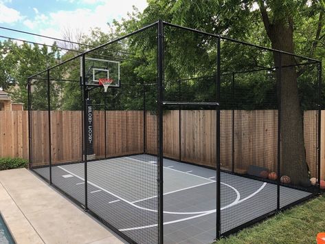 Half Basketball Court Backyard Size, Half Court Basketball Backyard, Small Basketball Court Backyard, Diy Basketball Court Backyard Cheap, Backyard Basketball Court Ideas, Backyard Court, Backyard Basketball Court, Home Basketball Court, Basketball Court Backyard