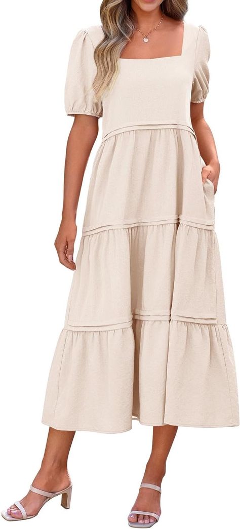 KIRUNDO Plus Size Summer Dresses Square Neck Puff Short Sleeve Maxi Dress with Pockets Loose Flowy Long Beach Sundress Spring Outfits for Women 2024 Trendy(Beige, Small) at Amazon Women’s Clothing store Modest Spring Outfits, Women Maxi Dresses Summer, Polka Dot Summer Dresses, Tube Midi Dress, Square Neck Midi Dress, Women Summer Dresses, Flowy Dress Long, Modest Maxi Dress, Modest Maxi