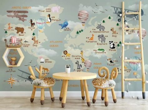 Safari Nursery Wallpaper, Kindergarten Wallpaper, Map Wall Mural, Animal Learning, Kids World Map, Kids Room Murals, World Map Wallpaper, Wall Map, Map Wallpaper