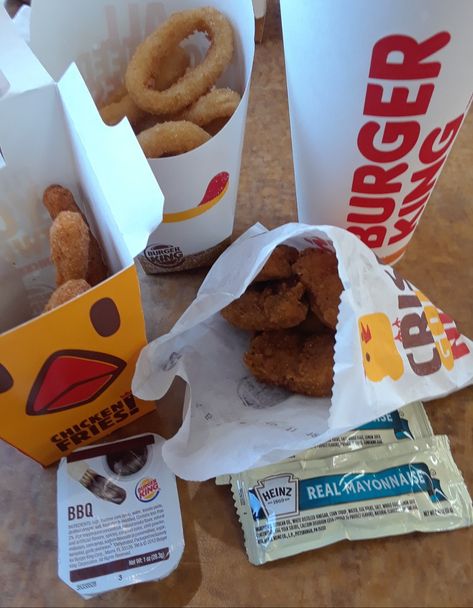 LUNCH 2/22/2018:  Burger King Chicken Nuggets, Chicken Fries, Onion Rings, Mayo Packet, BBQ Sauce Burger King Onion Rings, Burger King Chicken Nuggets, Mcdonald’s Chicken Nugget, Chicken Mcnuggets Mcdonald's, 20 Piece Chicken Nuggets Mcdonalds, Chicken Nuggets And Fries Aesthetic, Burger King Fries, Chicken Fries Burger King, Bbq Burgers