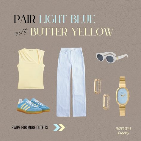 Spring-summer colour combo I’m loving- light blue & butter yellow! 🌼🦋 See how I style these colours together with different outfits. Follow The Secret Style Diaries for more colourful outfit inspo and styling tips! 🩵 💛 #springfashion #springsummer #springtrends2024 #whatstrendingnow #fashionpost #chiclooks #fashionblogger #lookbook #instafashion #pastelaesthetic #pasteloutfits #paste... Soft Yellow Outfit, Pastel Yellow Outfit, Vegas Fits, Blue Summer Outfits, Blue Color Combinations, Summer Palette, What Is Trending Now, Style Moodboard, Color Combinations For Clothes