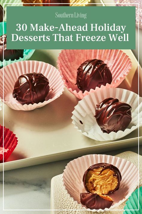 The holidays are a baking marathon for a lot of us. From cookies to cakes, we're making holiday desserts to share as gifts or simply enjoy with loved ones. It can be stressful to get all that baking done, but with some foresight and a freezer you can make your life a lot easier. At the link, we have collected 30 recipes that freeze well so you can ramp production and stock the freezer with tons of sweet treats to have at the ready. You can get a jump start on Hummingbird Cake, fill the fridge with brownies, or try one of the many more make-ahead holiday desserts recipes that we turn to each year. #celebration #holiday #makeahead #desserts #christmas #christmascookies Desserts To Freeze For Later, Make Ahead Freezable Desserts, Make Ahead Holiday Desserts, Make Ahead Desserts To Freeze, Make Ahead Christmas Desserts Freezers, Stock The Freezer, Desserts To Share, Christmas Casserole, Desserts Christmas