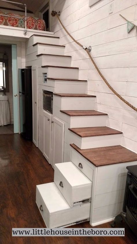 Tiny House pull out stairs and storage Tiny House Stairs Storage, Small House Storage, Tiny House Company, Tiny House Stairs, Tiny House Storage, Building Stairs, Diy Tiny House, Loft Stairs, Tiny House Layout