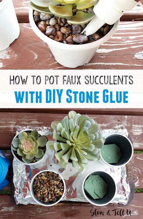 Potting- Faux Succulents with DIT Gravel Glue | How to make stone glue | stowandtellu.com How To Make Fake Succulent Arrangements, Gravel Glue, Succulent Decor Ideas, Faux Succulent Arrangements, Succulent Arrangements Diy, Succulents Arrangements, Outdoor Succulents, Stone Glue, Artificial Succulent Arrangements