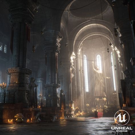 Ancient Cathedral, Mike Kurabi on ArtStation at https://www.artstation.com/artwork/xYly14 Cathedral Interior Art, Fantasy Cathedral Interior, Dark Fantasy Cathedral, Cathedral Interior Design, Fantasy Cathedral Concept Art, Castle Concept Art Interior, Cathedral Concept Art, Fantasy Cathedral, Monastery Art