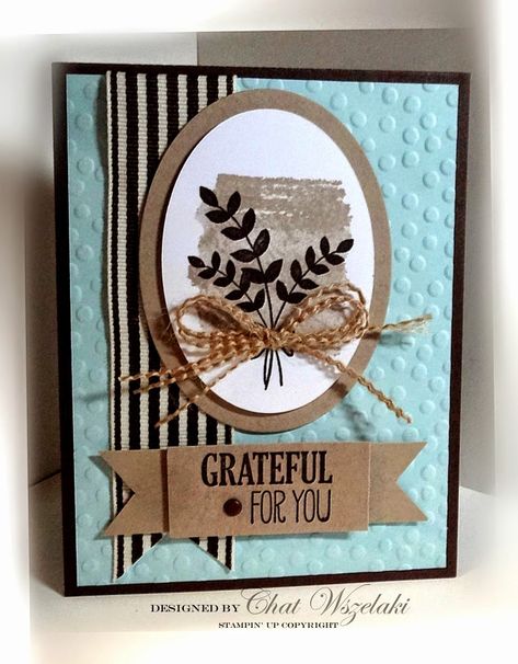 I really like this layout and it is a good example of how to use ribbon on a card that will still be flat enough to mail. Tuxedo Black, Embossed Cards, Striped Background, Grateful For You, Thanksgiving Cards, Stamping Up Cards, Fall Cards, Card Tags, Halloween Cards