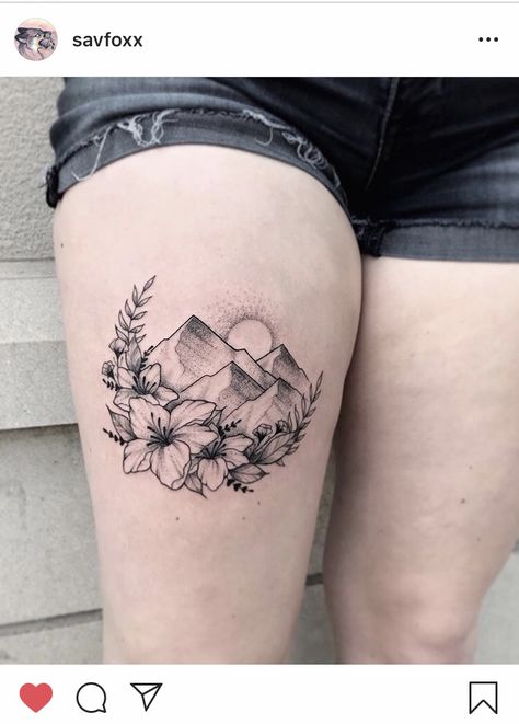 Mountains With Flowers Tattoo, Mountain Flower Tattoo, Banff Tattoo, Mountain Tattoos For Women, Azalea Tattoo, Moutain Tattoos, Moose Tattoo, Tattoo Mountain, Mountain Tattoos