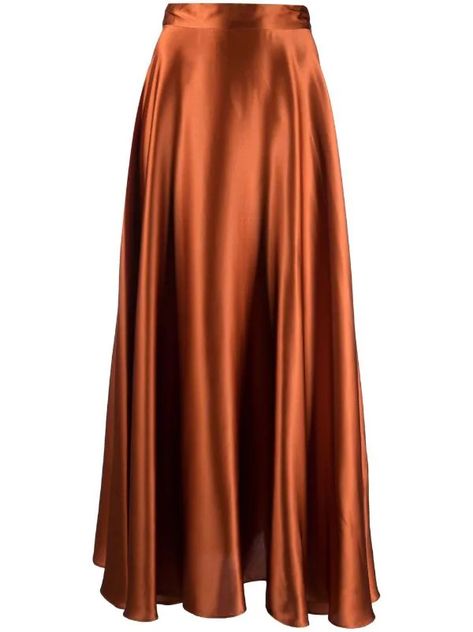 Straight Skirt Outfits, Engagement Stage, Long Satin Skirt, Satin Skirt Outfit, Copper Dress, Modest Casual Outfits, Color Block Maxi Dress, Long Skirt Fashion, Satin Maxi Skirt