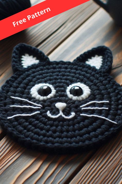 Learn how to crochet a black cat coaster with this easy pattern. Perfect for adding a charming and functional touch to your home! Crochet Cat Nose Free Pattern, Crochet Cat Face Pattern, Crochet Pattern For Cats, Easy Cat Amigurumi Free Pattern, Crochet Cat Gifts, Free Crochet Cat Coaster Pattern, Free Crochet Patterns Black Yarn, Crochet Cat Projects, Cat Crochet Coaster