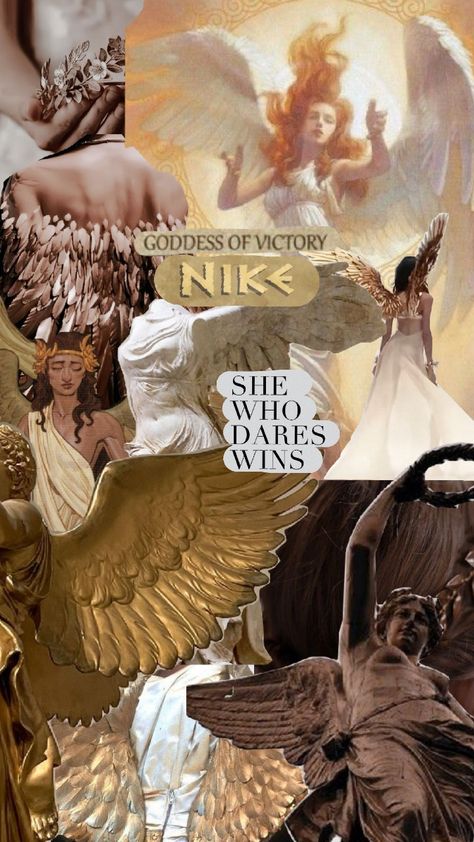 Nike Goddess Aesthetic Collage Nike Goddess Art, Nike Aesthetic Goddess, Sun Goddess Aesthetic, Antheia Goddess, Mythology Collage, Goddess Collage, Greek Goddess Nike, Legend Aesthetic, Greek Goddess Aesthetic