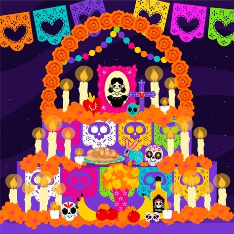 Dibujado a mano ilustración de altar de ... | Free Vector Dia De Los Muertos Party Ideas, Day Of The Dead Altar, Day Of The Dead Artwork, Dia De Los Muertos Decorations Ideas, Mexican Culture Art, Day Of The Dead Art, Day Of The Dead Skull, Bullet Journal Art, Mexican Culture