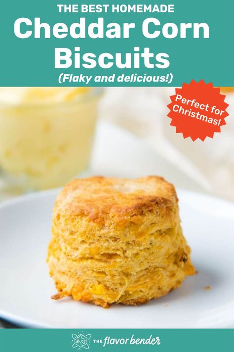 These Cheddar Corn Biscuits are the perfect combination of flaky and soft! Packed with flavor and the sweetness of corn. Plus, they can be made ahead of time & frozen too! #christmas #dinner #sidedish #biscuits #recipe #cheese Corn Biscuit Recipe, Biscuits Flaky, Corn Biscuits, Cheddar Corn, Slow Roasted Turkey, Side Dish For Thanksgiving, Best Bread Recipe, Comfort Food Recipes Dinners, Best Bread