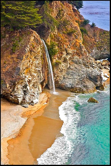 McWay Falls is an 80-foot waterfall located in Julia Pfeiffer Burns State Park that flows year-round. This waterfall is one of only two in the region that are close enough to the ocean to be referred to as "tidefalls", the other being Alamere Falls. Wikipedia. Roberto Portolese Travel & Tourism Photography Beach Waterfall, Mcway Falls, Home Beach, Romantic Beach, California Coast, Big Sur, Pretty Places, Places Around The World, Dream Vacations