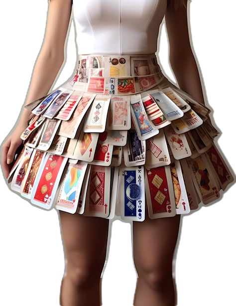 Skirt, Upcycled, Recycled, Cards, Deck, Fashion, Design, AI Deck Of Cards Skirt, Playing Card Skirt, Trash Fashion Recycled, Recycled Outfits Diy, Card Skirt, Crazy Clothes, How To Make A Skirt, Halloween Cards Diy, Recycled Costumes