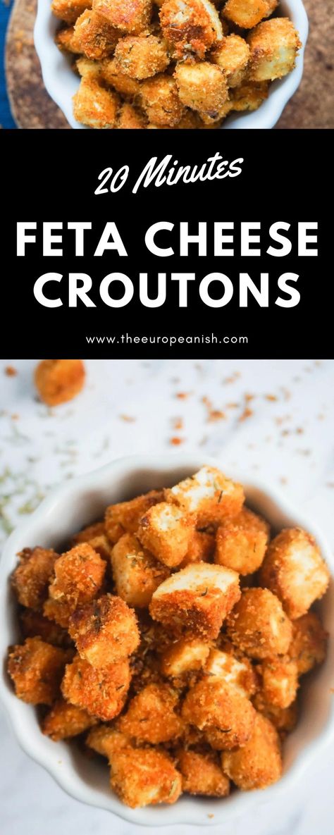 Homemade Feta Cheese Croutons recipe (oven baked) that requires only 20 minutes. Crunchy, garlic-y and scrumptious, these Feta Croutons are the perfect addition to cream soups, salads or as a savory snack. Lemon Feta Cheese Crisps, Homemade Feta Cheese, Homemade Feta, Cheesy Croutons, Crunchy Garlic, Croutons Recipe, Cream Soups, Hearty Food, Feta Cheese Recipes