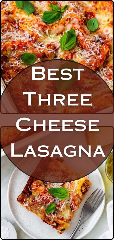 Collage of 2 images of three cheese meatless lasagna Meatless Lasagna Recipe, Easy Cheese Lasagna Recipe, Lasagna Without Ricotta Cheese, Three Cheese Lasagna, Cheese Lasagna Recipe, Meatless Lasagna, Lasagna With Ricotta, Lasagna Recipe With Ricotta, Oven Ready Lasagna