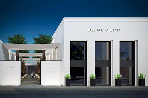 A rendering of the first stand-alone RH Modern gallery, in Los Angeles. Modern Office Exterior Facades, Office Exterior Design Modern, Modern Office Exterior, Exterior Office Design, Modern Commercial Building Exterior, Office Exterior Design, Modern Warehouse Design, Dr Office, Office Exterior