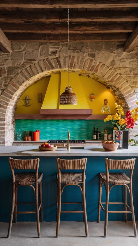 Hacienda Style Kitchen 24 Ideas: Transform Your Space with Spanish Colonial Charm Spanish Colonial Modern, Colorful Tile Backsplash, Spanish House Interior, Sink Styles, Hacienda Style Kitchen, Modern Mexican Decor, Color Tile Backsplash, Style Kitchen Cabinets, Colonial Modern