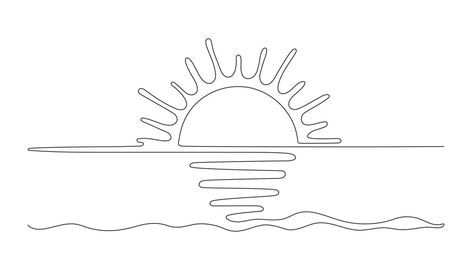 Sunrise Line Drawing, Ocean Drawing Simple, Sunset Outline, Sunset And Sunrise, Sunrise Ocean, Ocean Drawing, Drawing Vector, One Line Drawing, Drawing Simple