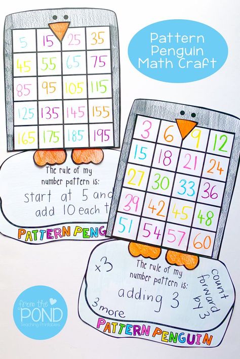 Our Pattern Penguin math craft provides a way to record number patterns in a fun and creative way. Start your lesson with a review of repeating patterns - where items are added in equal steps. Read more on the blog! Penguin Math, Penguin Activities, Teaching Printables, Early Years Classroom, From The Pond, Math Crafts, Number Patterns, Primary Students, 1st Grade Math