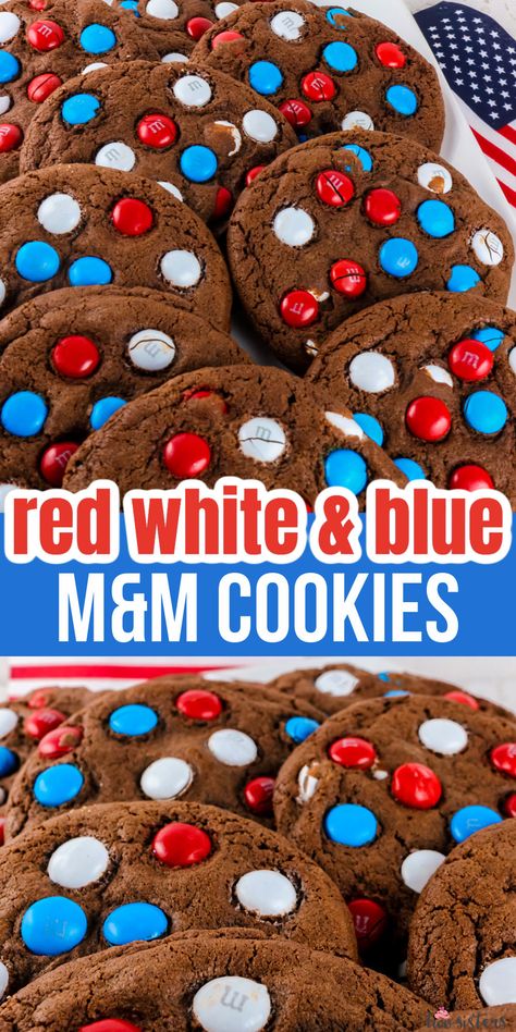 Red White and Blue M&M Cookies - a fun and patriotic dessert to bring to a 4th of July party. These colorful Fourth of July Cookies are delicious and easy to make. Pin this delicious 4th of July treat for later and follow us for more great 4th of July Food Ideas. Cookie Recipes 4th Of July, Forth Of July Food Desserts, July 4 Cookies, Forth Of July Desserts, Patriotic Brownies, 4h Cookies, 4th Of July Desserts Easy, 4th Of July Brownies, July 4th Cookies