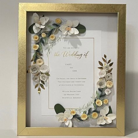 A very classy wedding gift. Wedding Invitation Keepsake, Shadow Box Memory, Wedding Shadow Box, Box Invitations, Wedding Gift For Couple, Couples Gift, Unique Wedding Gifts, Custom Wedding Gifts, Gold Wedding Invitations