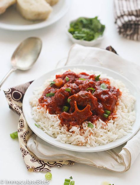 This is a popular and traditional West African Stew that is often prepared in most homes, in a number of different ways-in countries like Cameroon, Nigeria and Ghana – by varying the quantity of tomatoes, onions and spices. Quite a lot of oil is used to cook the stew – often use to fry the … African Chicken Stew, Rice And Stew, Jamaican Oxtail Stew, African Chicken, African Stew, Spicy Stew, Ghana Food, Oxtail Stew, Oxtail Recipes