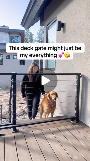 Rachel Hoch on Instagram: "Seamless design meets functionality with this custom sliding pocket gate! ✨🐕 When its open you cant tell its there, and its super easy to slide shut! This style gate prevented us from taking up precious deck space with a swinging gate, “hides” nicely when were not using it, and serves its purpose to keep our dogs on the deck! It’s not only functional and practical but a huge talking point when guests come over! This is in my top ten home features! 💁🏻‍♀️ ✨Follow for more custom home ideas✨ #fy #fyp #gate #deck #deckinspo #home #homedesign #homeinspo #newbuild #homefeature #homehacks #custom #customhome #pocketgate #dog #dogsofinstagram #top10" Deck Sliding Gate, Outdoor Dog Gates Ideas, Deck Door Ideas, Deck Gates Ideas Dogs, Dog Gate Outdoor, Deck Gate Ideas, Pocket Gate, Custom Dog Gates, Custom Home Ideas