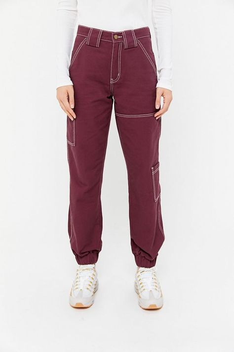 BDG High-Waisted Cargo Jogger Jean – Maroon | Urban Outfitters Maroon Cargo Pants Outfit, High Waisted Cargo Pants, Maroon Jeans, Red Joggers, Yellow Jeans, Black Mom Jeans, Cargo Pants Outfit, Trendy Skirts, Bdg Urban Outfitters