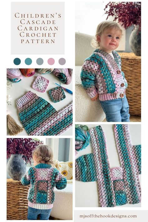 Introducing the Cascade Children's Cardigan Crochet Pattern—a free children's granny stitch cardigan pattern with a video tutorial. Granny Square Crochet Sweater Cardigans, Crochet Granny Cardigan Pattern Free, Free Crochet Kids Patterns, Toddler Granny Square Cardigan, Crochet Kid Sweater, Kids Crochet Cardigan Pattern Free, Baby Granny Square Cardigan, Free Crochet Patterns For Gifts, Crochet Kids Cardigan Pattern Free