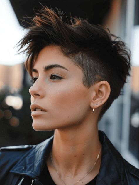 Long Pixie Mullet, Masculine Pixie Cut, Short Butch Haircut, Queer Short Haircuts, Short Hairstyles 2024 Trends, Butch Haircuts Women, Big Cheeks Haircut, Ash Brown Pixie, Butch Lesbian Haircut