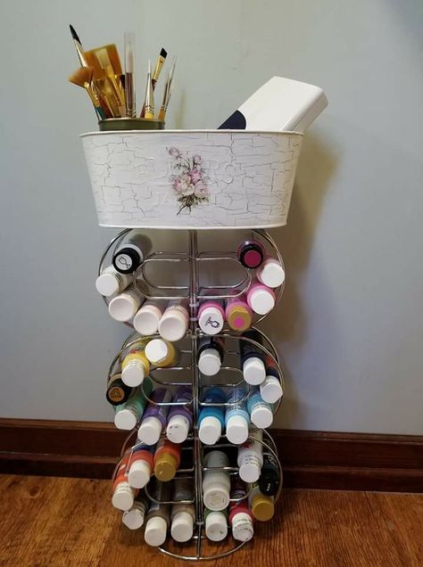 Dollar Tree napkin holders, paper towel holder, zipties and dollar tree container glued to top with e6000 Paint Holder, Craft Paint Storage, Crafts Dollar Tree, Dollar Tree Diy Organization, Craft Room Organization Diy, Tree Napkin, Paint Organization, Dollar Store Diy Organization, Nail Polish Rack