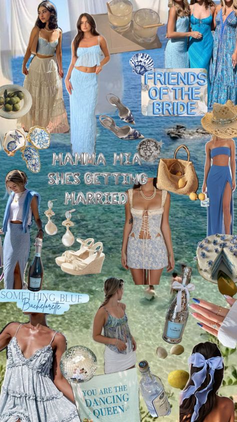 mamma mia aesthetic, something blue, mamma mia bachelorette theme, blue and white theme, blue and white decor, blue aesthetic, mediterranean aesthetic, bachelorette theme Bachelorette Outfit Themes, Aesthetic Bachelorette, Aesthetic Mediterranean, Mamma Mia Aesthetic, Mamma Mia Wedding, Mia Aesthetic, Blue And White Decor, Bachelorette Theme, Mediterranean Aesthetic