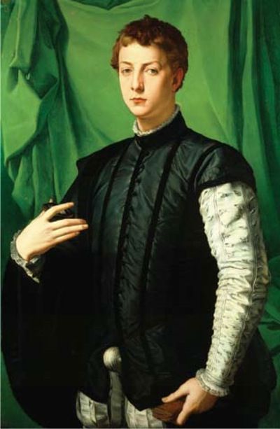 This image represents the Italian Renaissance period because of the closely-fitted jacket,the prominent cod piece,and the visible camicia at the edges around the neck and the wrists.Also the slashed sleeves are exemplary of the fashion during this period. 1550s Fashion, Agnolo Bronzino, Istoria Artei, Male Clothing, Art Ancien, Italian Painters, Century Clothing, November 23, Caravaggio