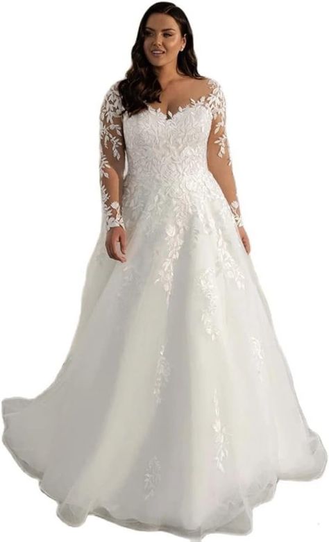 Amazon.com: RSOETOO Plus Size Wedding Dresses for Bride Lace Tulles A-line Long Sleeve Bridal Gowns for Womens US18W White : Clothing, Shoes & Jewelry Plus Size Bridal Dresses, Wedding Dresses 2024, Plus Size Bridal, Plus Size Wedding Dress, Plus Size Brides, Vintage Wedding Theme, Lace Bride, Womens Wedding Dresses, Dresses Plus Size