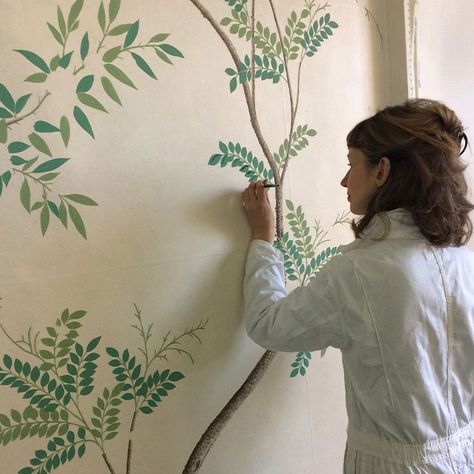 Floral Wall Mural Nursery, French Hallway, Mural Dining Room, Tree Wall Stencil, Hallway Painting, Hand Painted Mural, Chinoiserie Mural, Mural Artist, Chinese Wallpaper