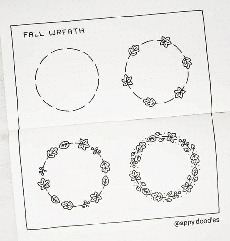 Autumn Wreath Drawing, Fall Wreath Drawing, Fall Doodles Easy, Fall Doodles Autumn, Step By Step Doodles, Doodle Fall, Bullet Journal Easy, Doodle Practice, Specials Board